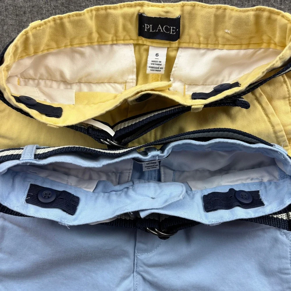 The Childrens Place Boys Shorts Set 2 Pairs Light Blue Yellow Belt Size 6 Preppy
